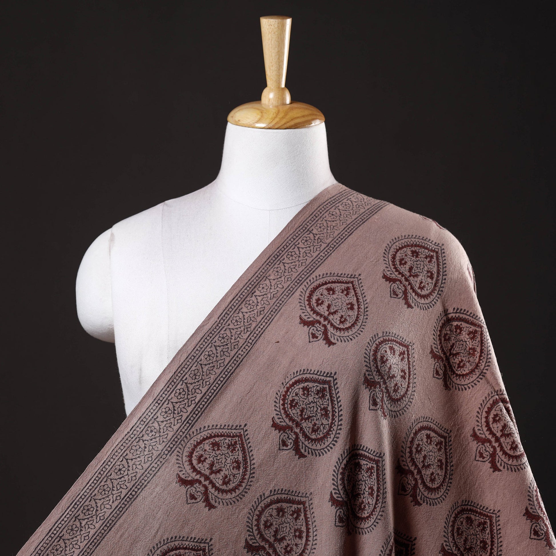 Brown - Bagh Block Printed Merino Wool Handloom Fabric