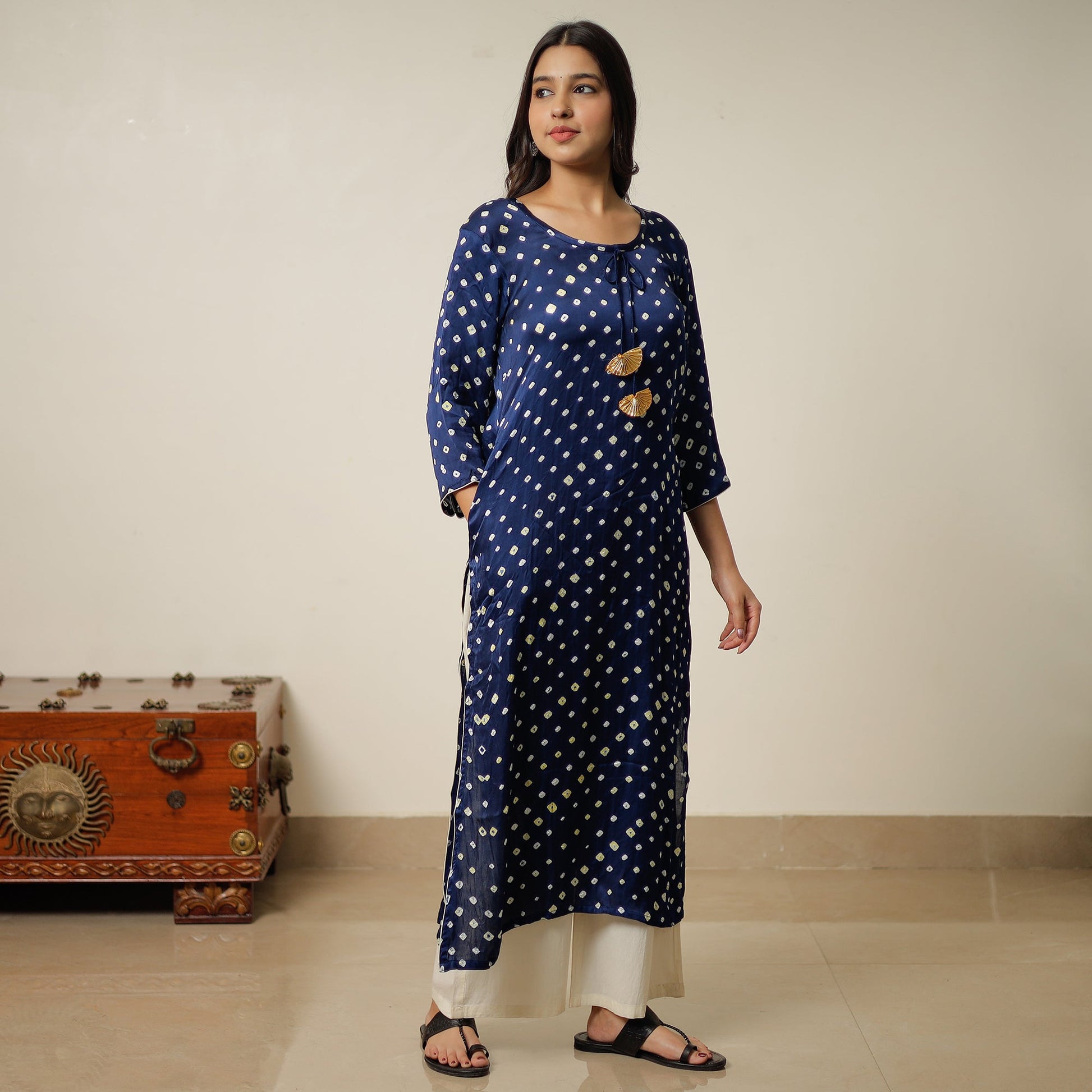 Blue - Bandhani Tie-dye Modal Silk Long Straight Kurta 12