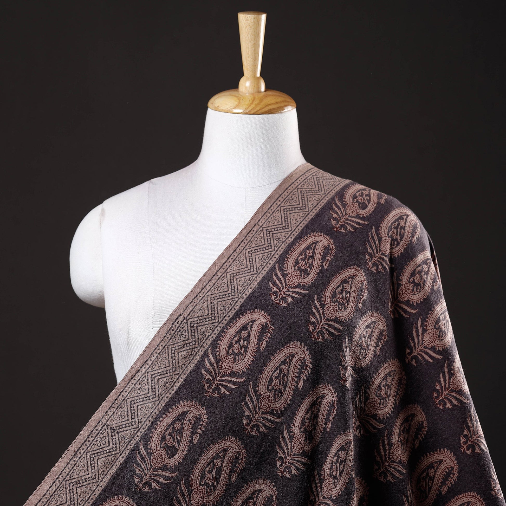 Black - Bagh Block Printed Merino Wool Handloom Fabric