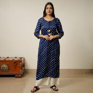 Blue - Bandhani Tie-dye Modal Silk Long Straight Kurta 12
