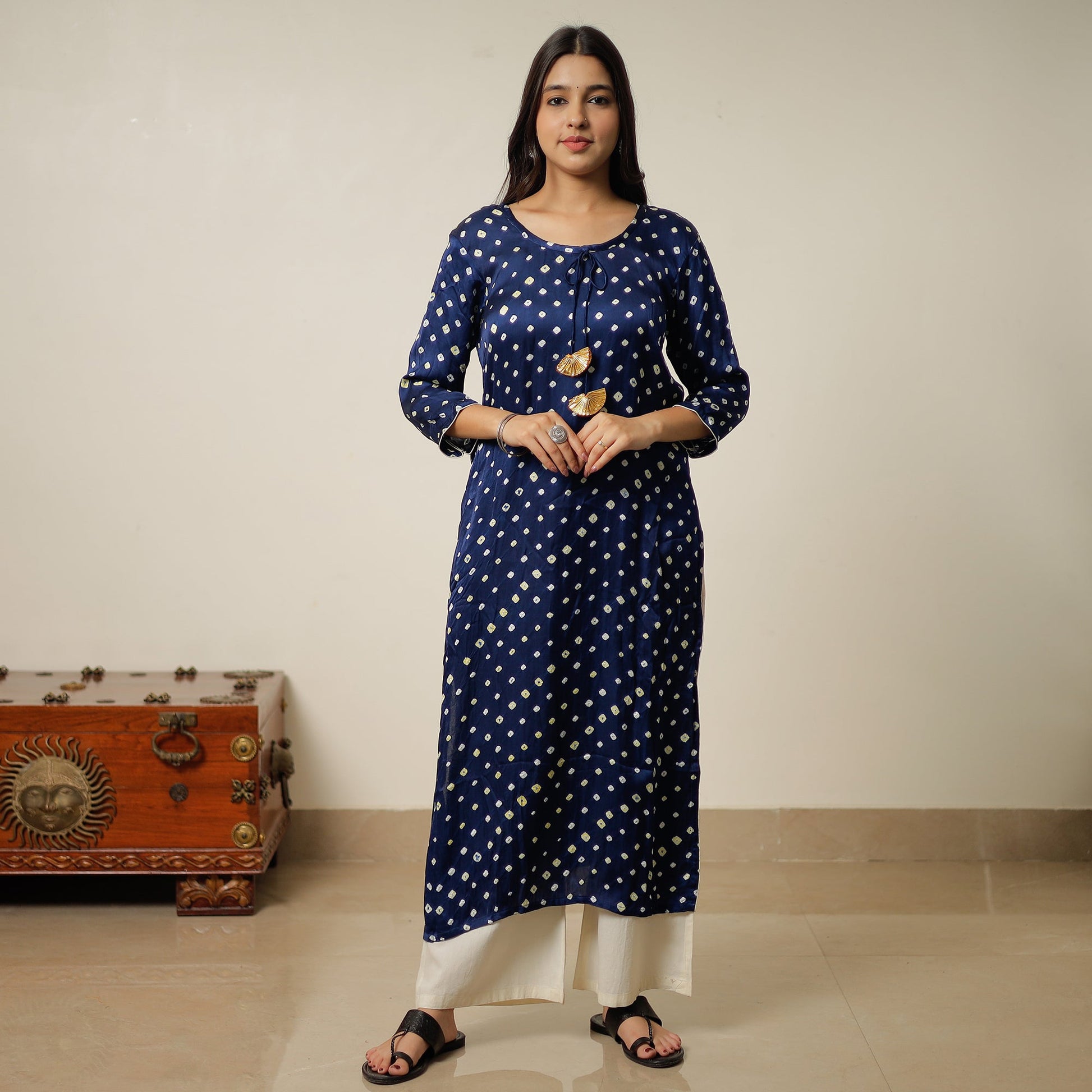Blue - Bandhani Tie-dye Modal Silk Long Straight Kurta 12