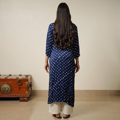 Blue - Bandhani Tie-dye Modal Silk Long Straight Kurta 12