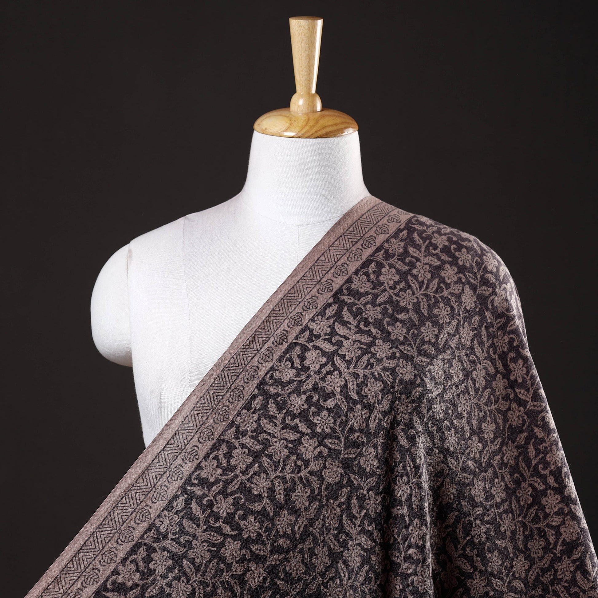 Black - Bagh Block Printed Merino Wool Handloom Fabric