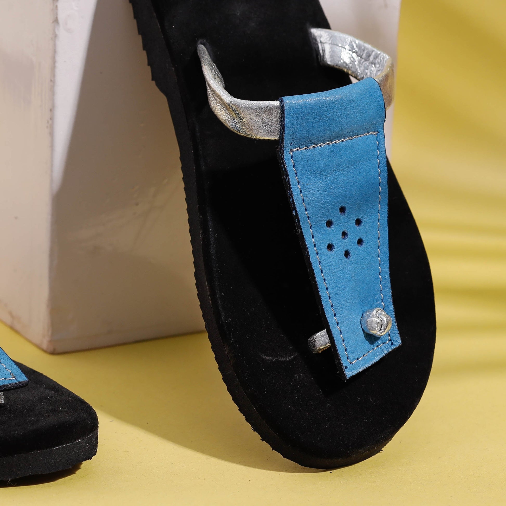 Black & Blue Handcrafted Women's Leather Slippers with Suede