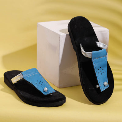 Black & Blue Handcrafted Women's Leather Slippers with Suede