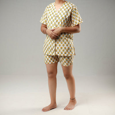Beige - Sanganeri Block Printed Cotton Night Suit