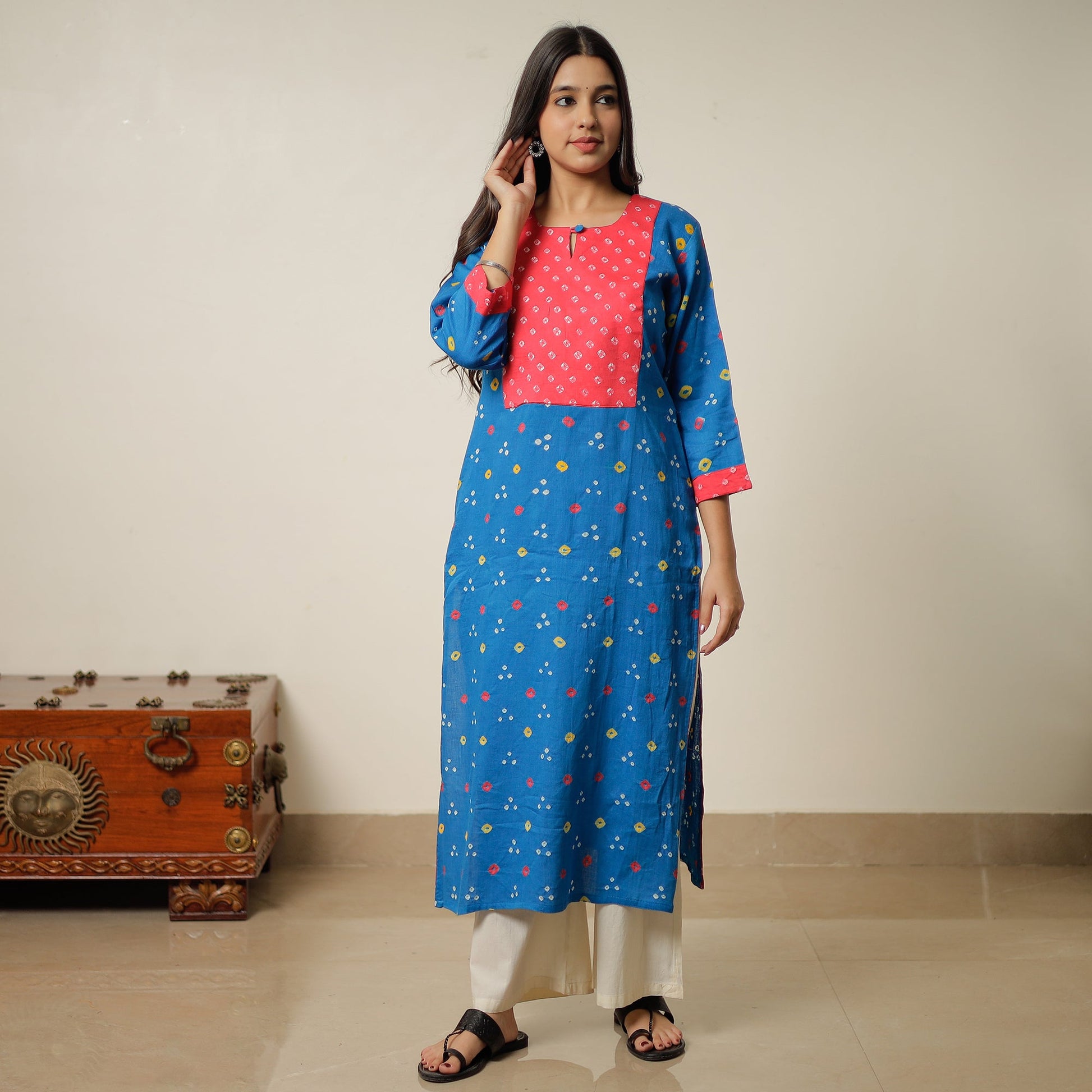 Blue - Bandhani Tie-dye Cotton Long Straight Kurta 14