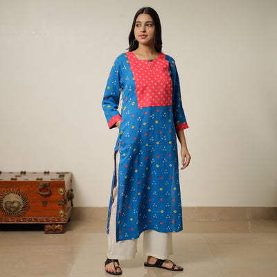 Blue - Bandhani Tie-dye Cotton Long Straight Kurta 14
