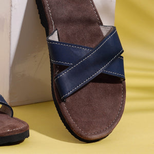 Brown & Blue Handcrafted Women's Leather Slippers with Suede