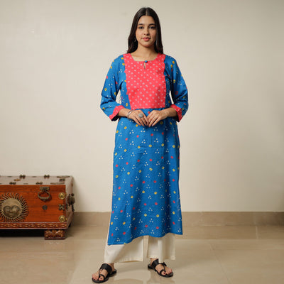 Blue - Bandhani Tie-dye Cotton Long Straight Kurta 14