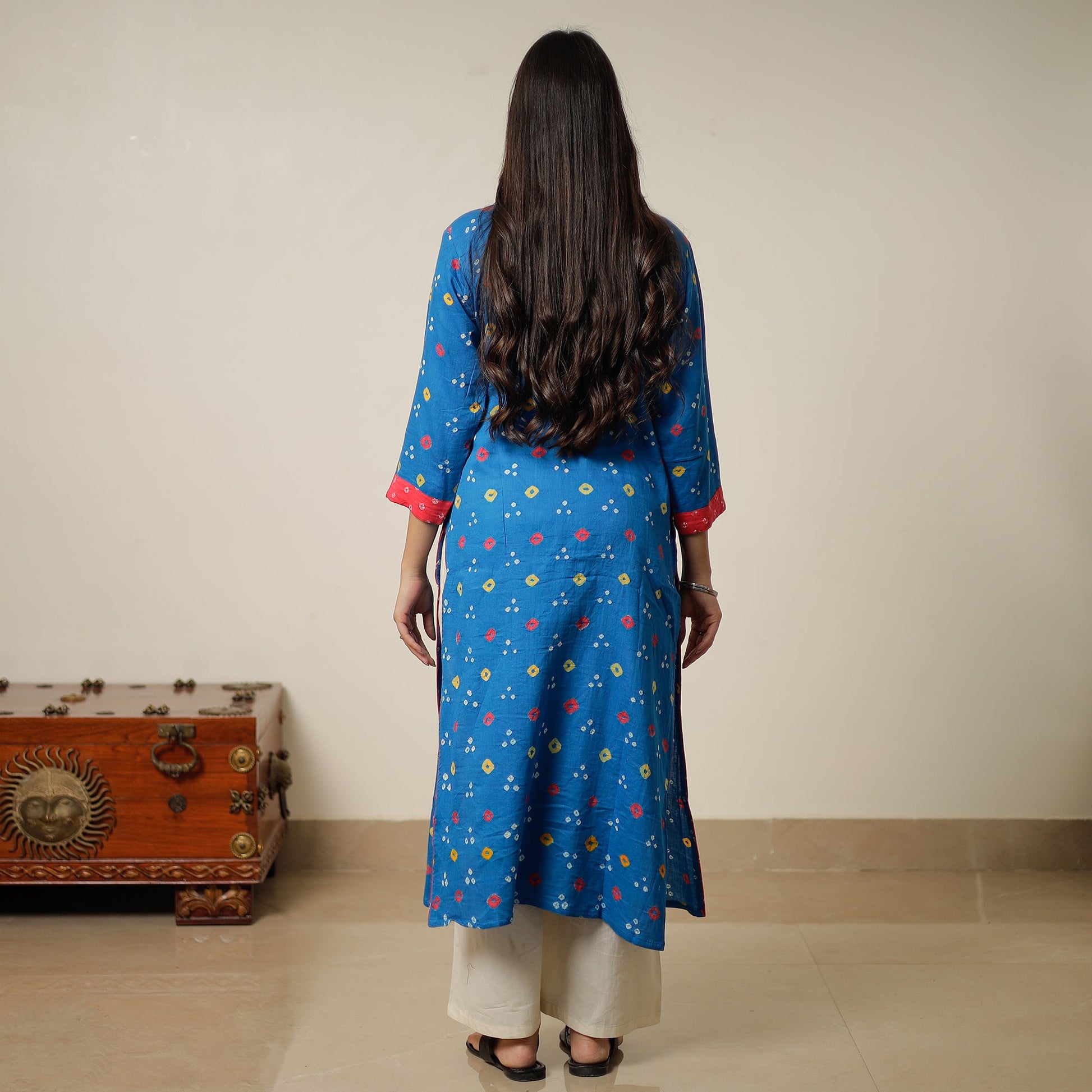 Blue - Bandhani Tie-dye Cotton Long Straight Kurta 14