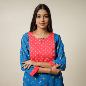 Blue - Bandhani Tie-dye Cotton Long Straight Kurta 14