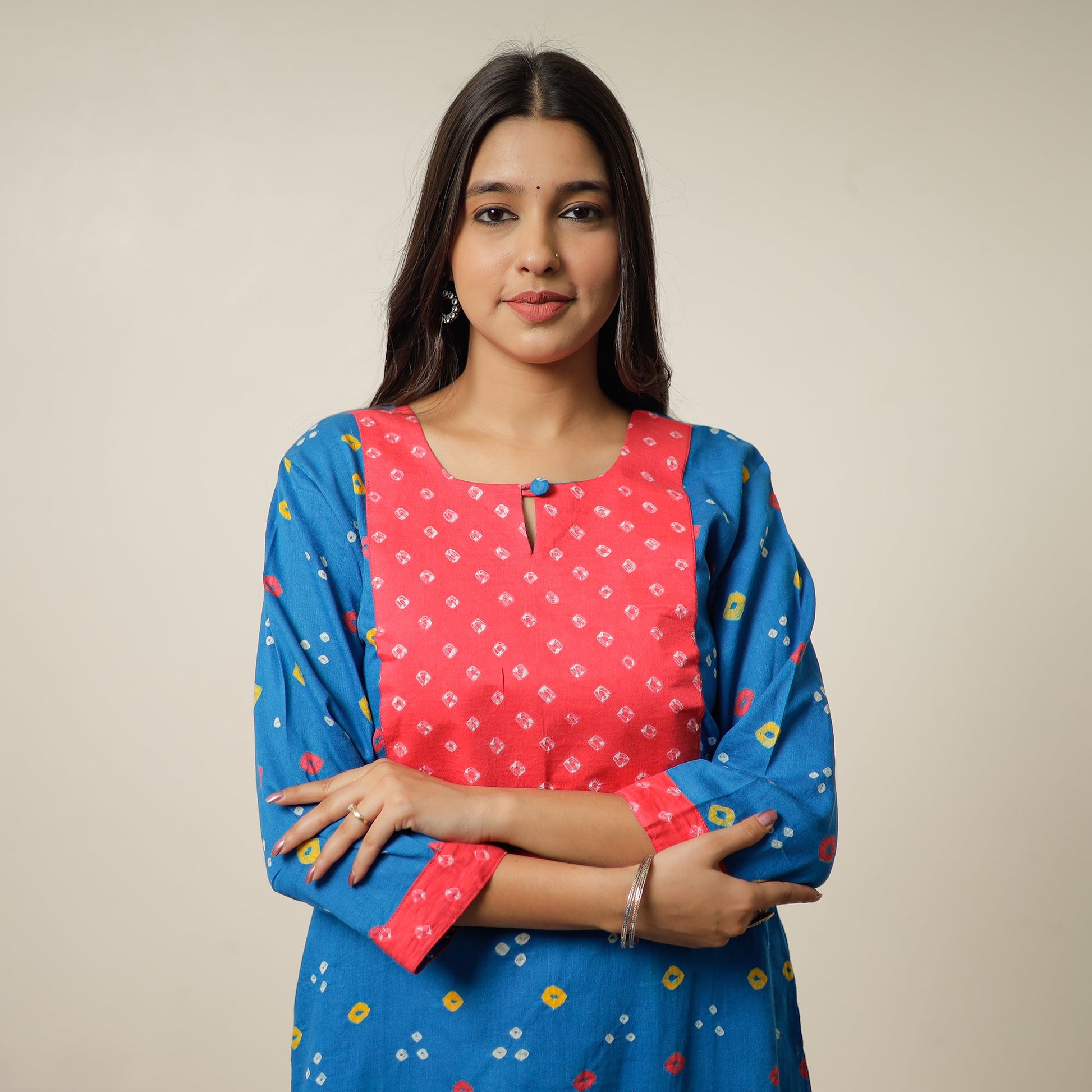 Blue - Bandhani Tie-dye Cotton Long Straight Kurta 14