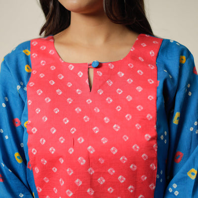 Blue - Bandhani Tie-dye Cotton Long Straight Kurta 14