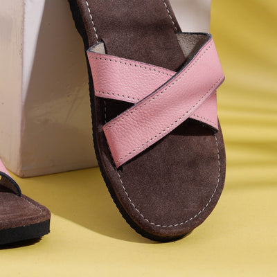Brown & Baby Pink Handcrafted Women's Leather Slippers with Suede
