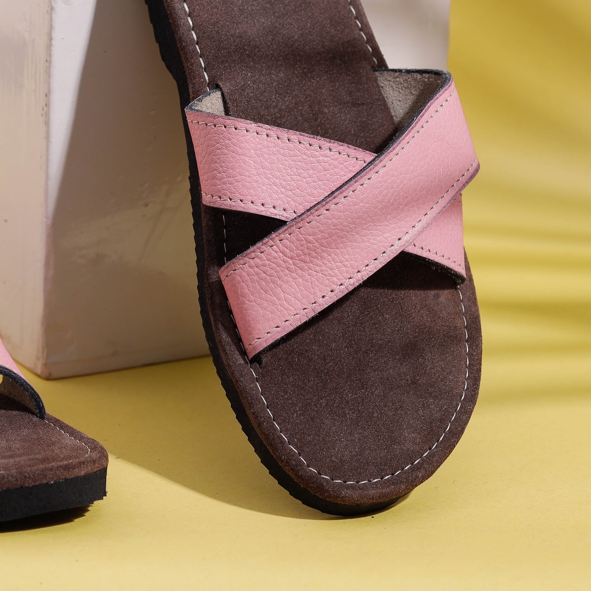 Brown & Baby Pink Handcrafted Women's Leather Slippers with Suede