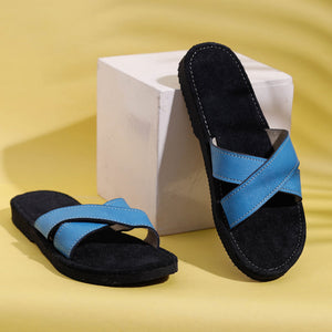 Black & Blue Handcrafted Women's Leather Slippers with Suede