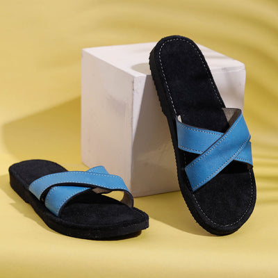 Black & Blue Handcrafted Women's Leather Slippers with Suede