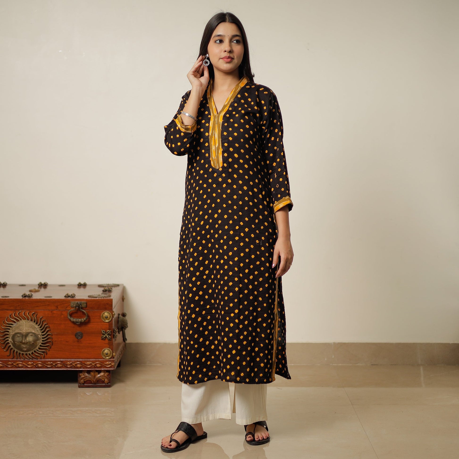 Black - Black Bandhani Tie-dye Cotton Long Straight Kurta 19