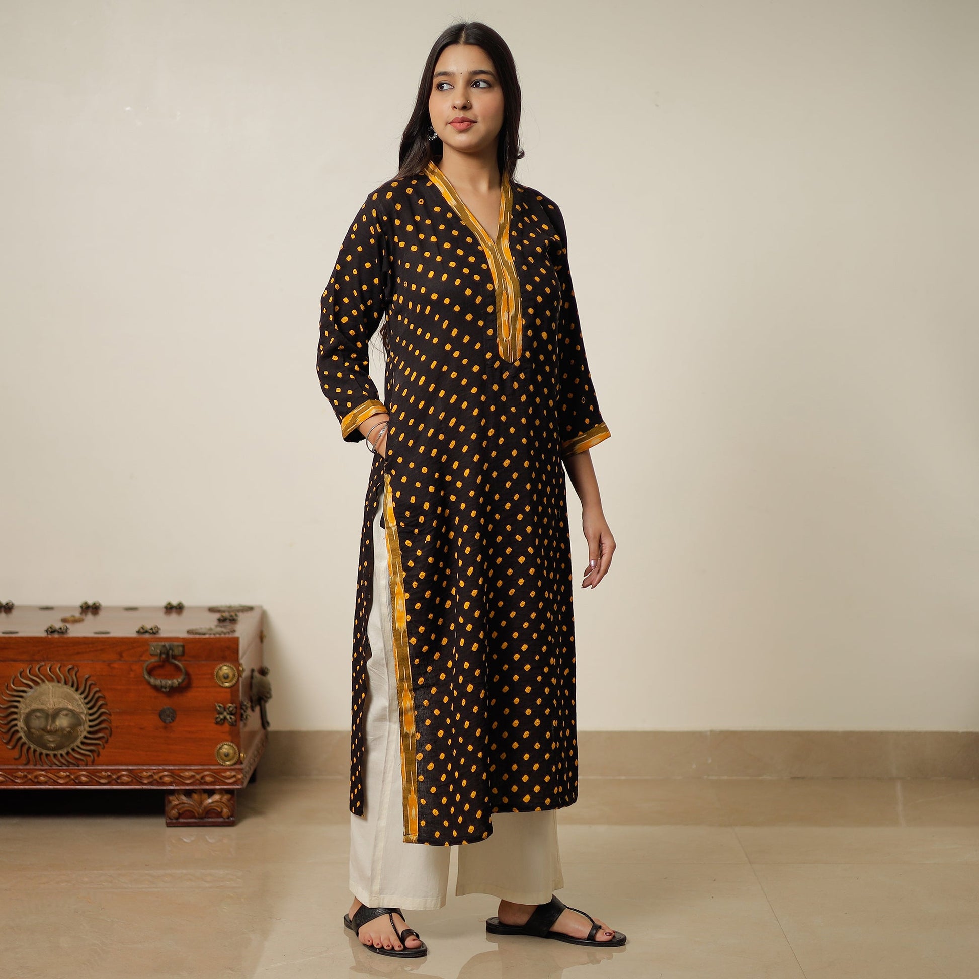 Black - Black Bandhani Tie-dye Cotton Long Straight Kurta 19