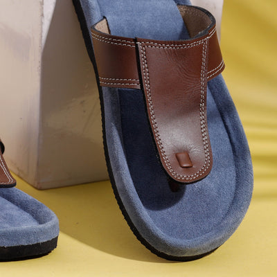 Blue & Brown Handcrafted Men's Leather Slippers with Suede