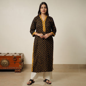 Black - Black Bandhani Tie-dye Cotton Long Straight Kurta 19