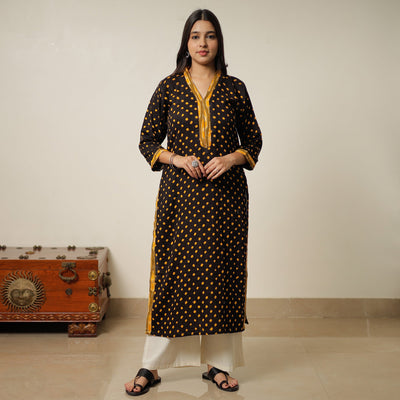 Black - Black Bandhani Tie-dye Cotton Long Straight Kurta 19