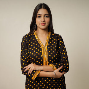 Black - Black Bandhani Tie-dye Cotton Long Straight Kurta 19