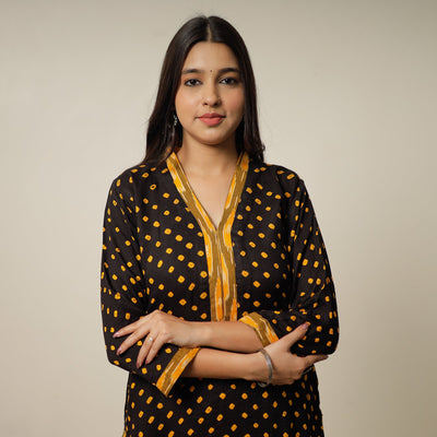 Black - Black Bandhani Tie-dye Cotton Long Straight Kurta 19
