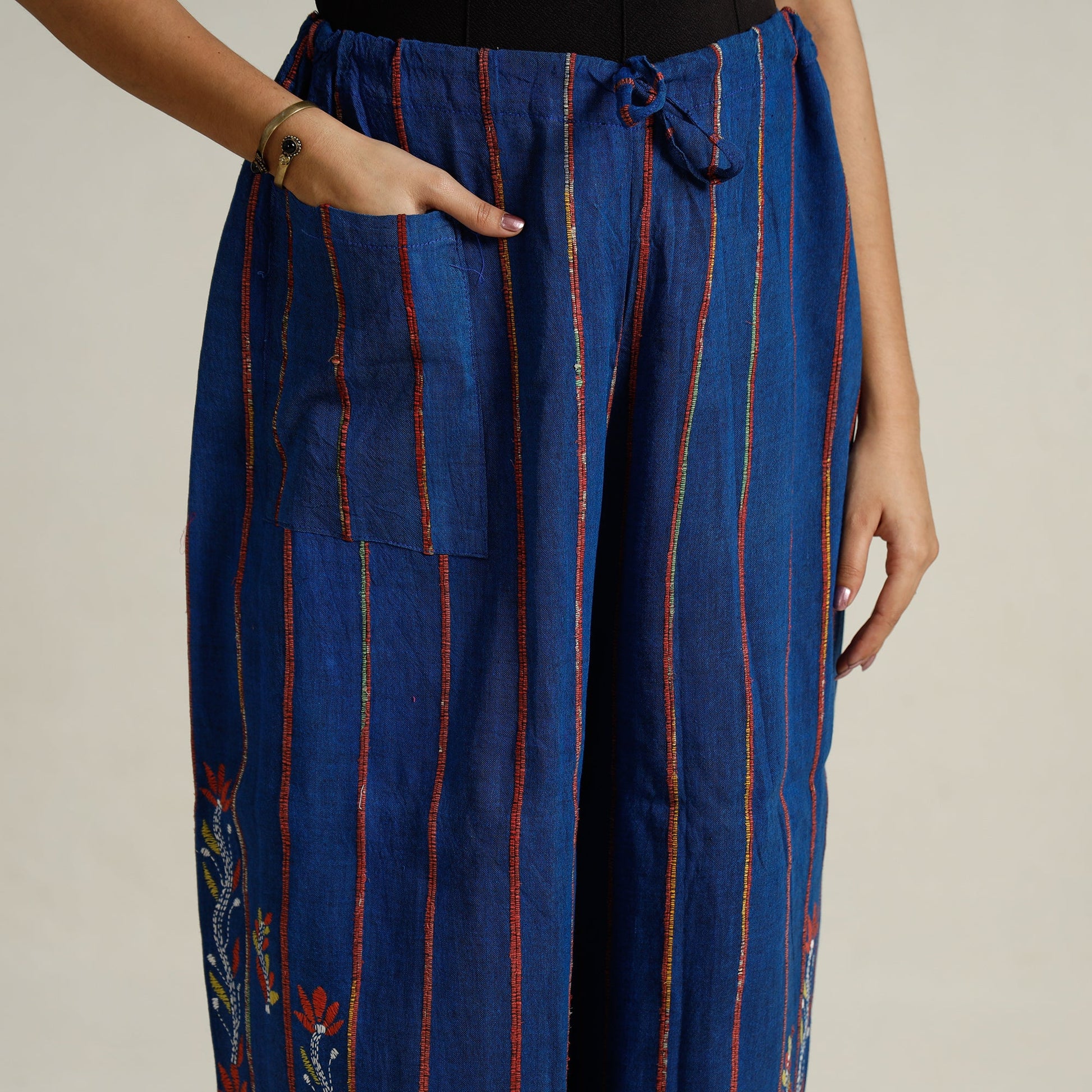Blue - Bengal Khesh Weaving Kantha Embroidery Cotton Palazzo 68