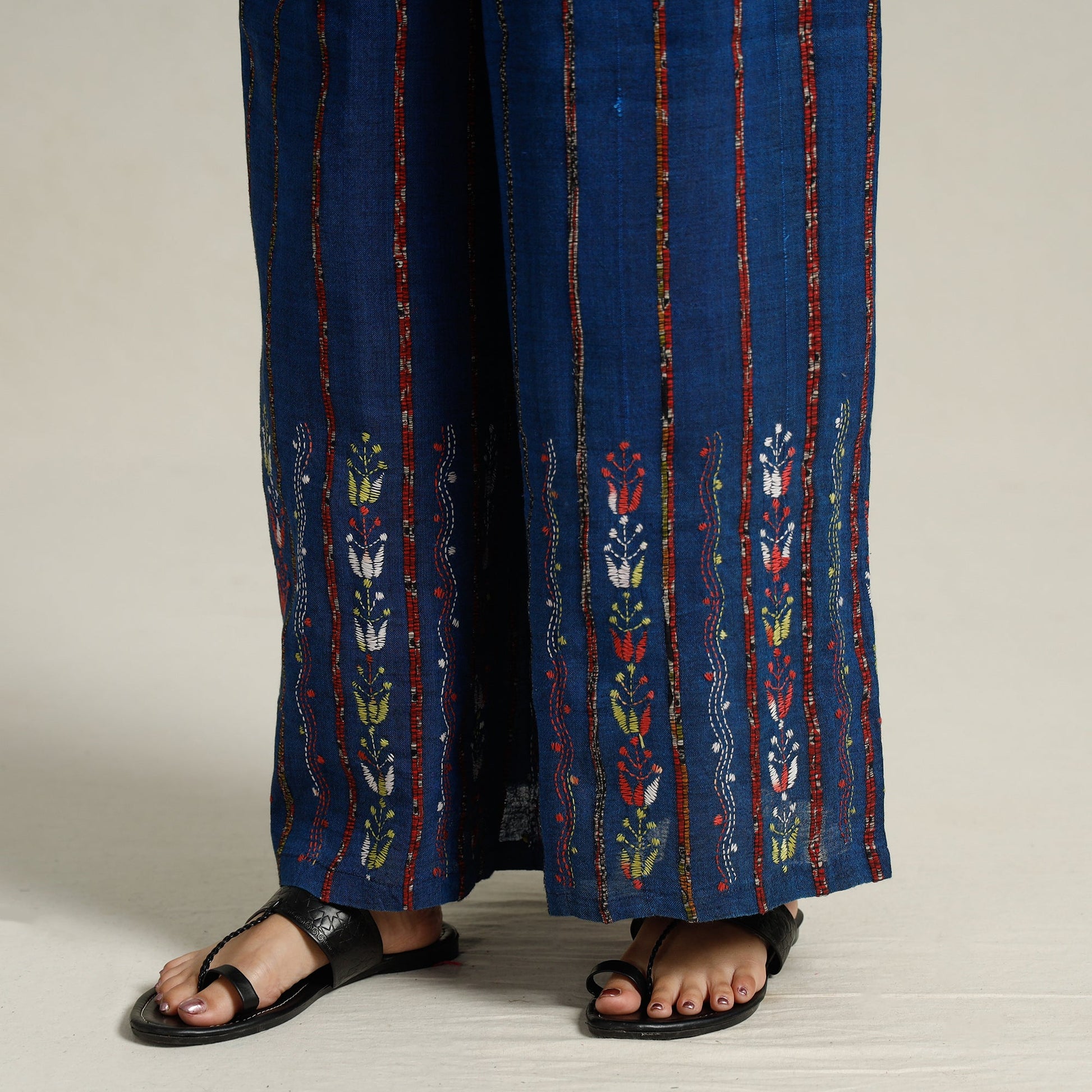 Blue - Bengal Khesh Weaving Kantha Embroidery Cotton Palazzo 70