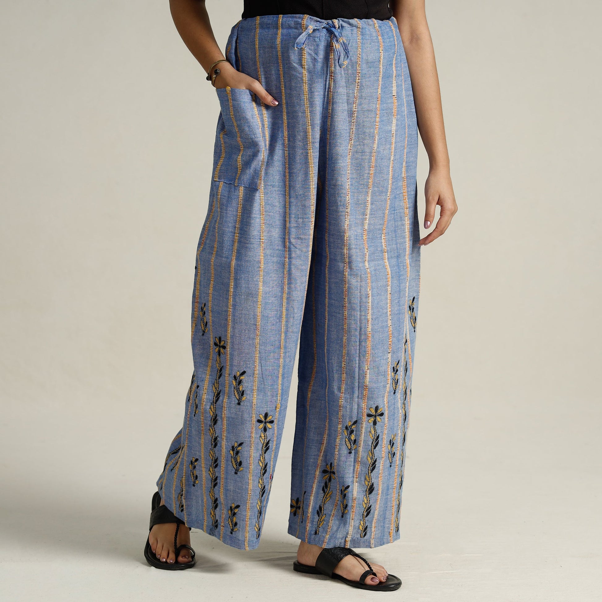 Blue - Bengal Khesh Weaving Kantha Embroidery Cotton Palazzo 72