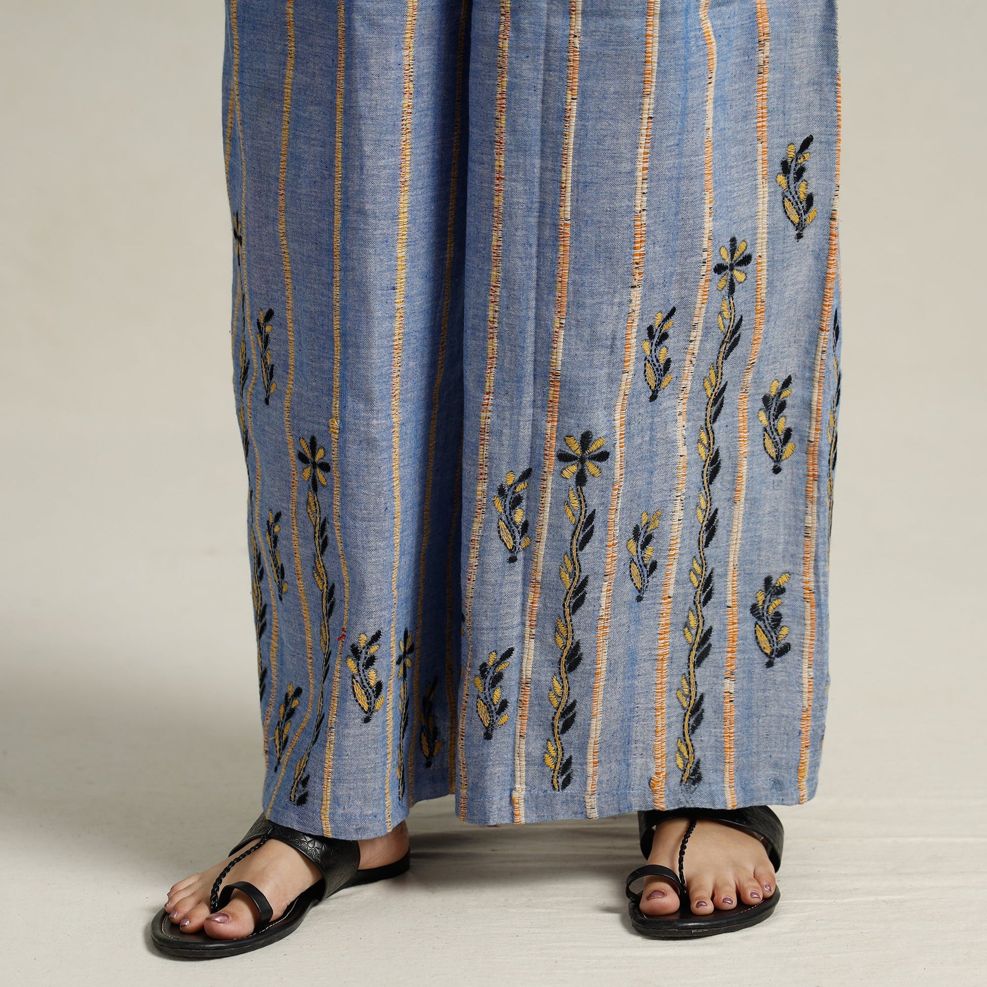 Blue - Bengal Khesh Weaving Kantha Embroidery Cotton Palazzo 72