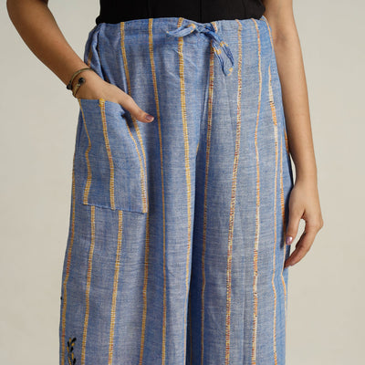 Blue - Bengal Khesh Weaving Kantha Embroidery Cotton Palazzo 72