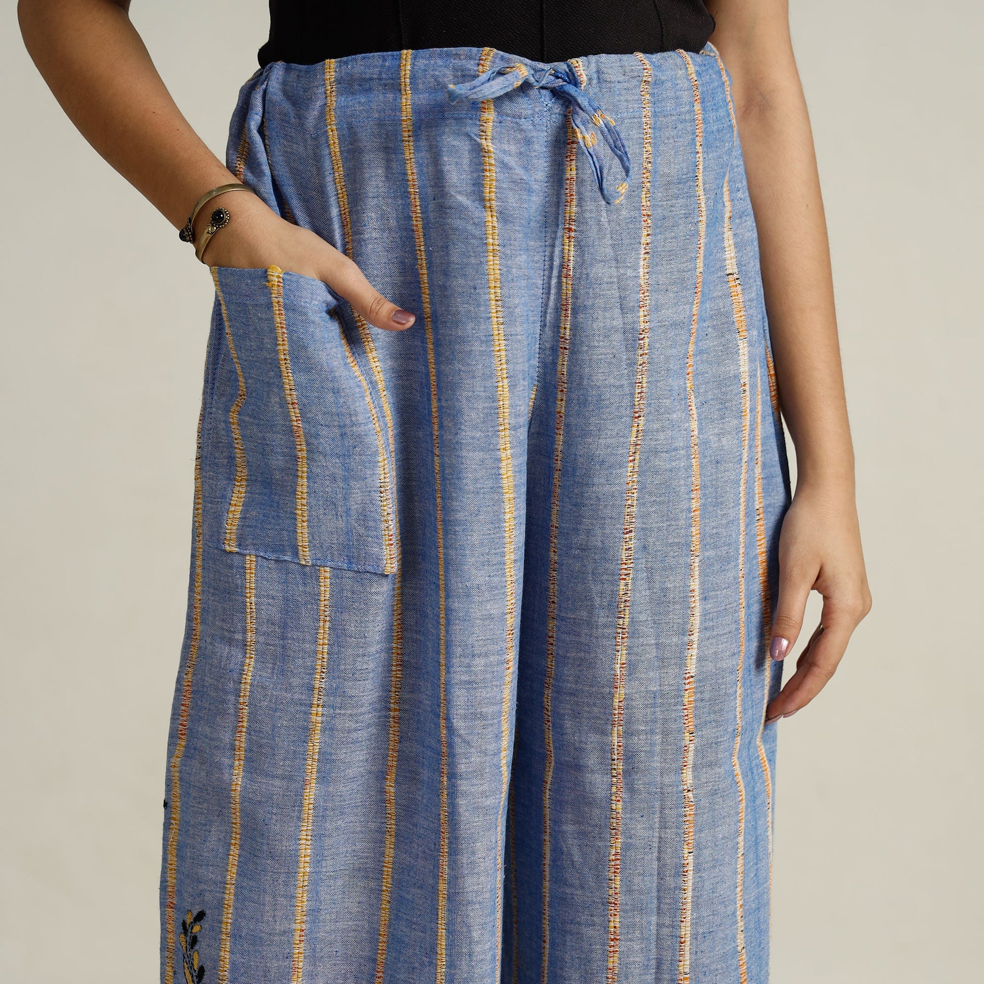 Blue - Bengal Khesh Weaving Kantha Embroidery Cotton Palazzo 72