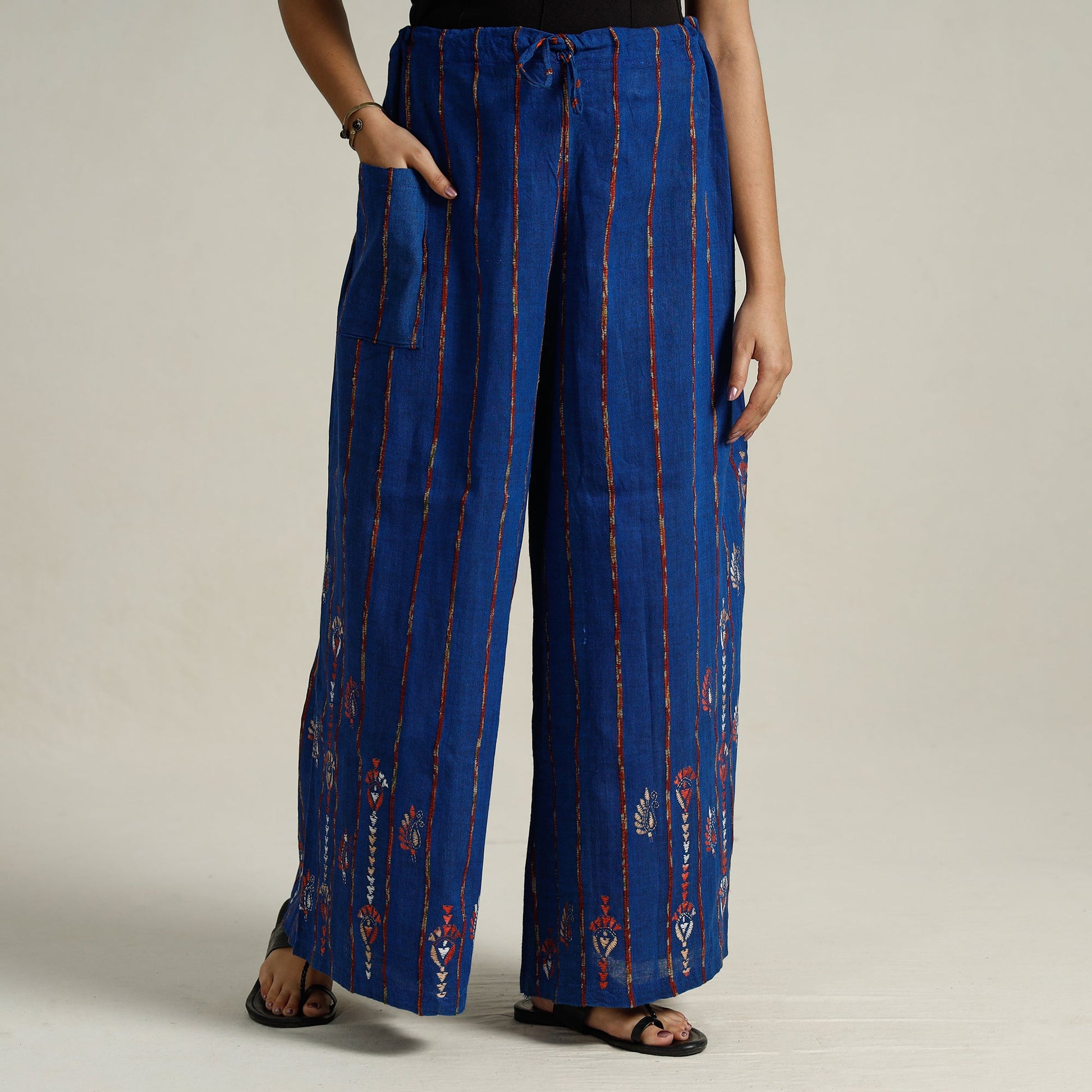 Blue - Bengal Khesh Weaving Cotton Kantha Embroidery Palazzo 73