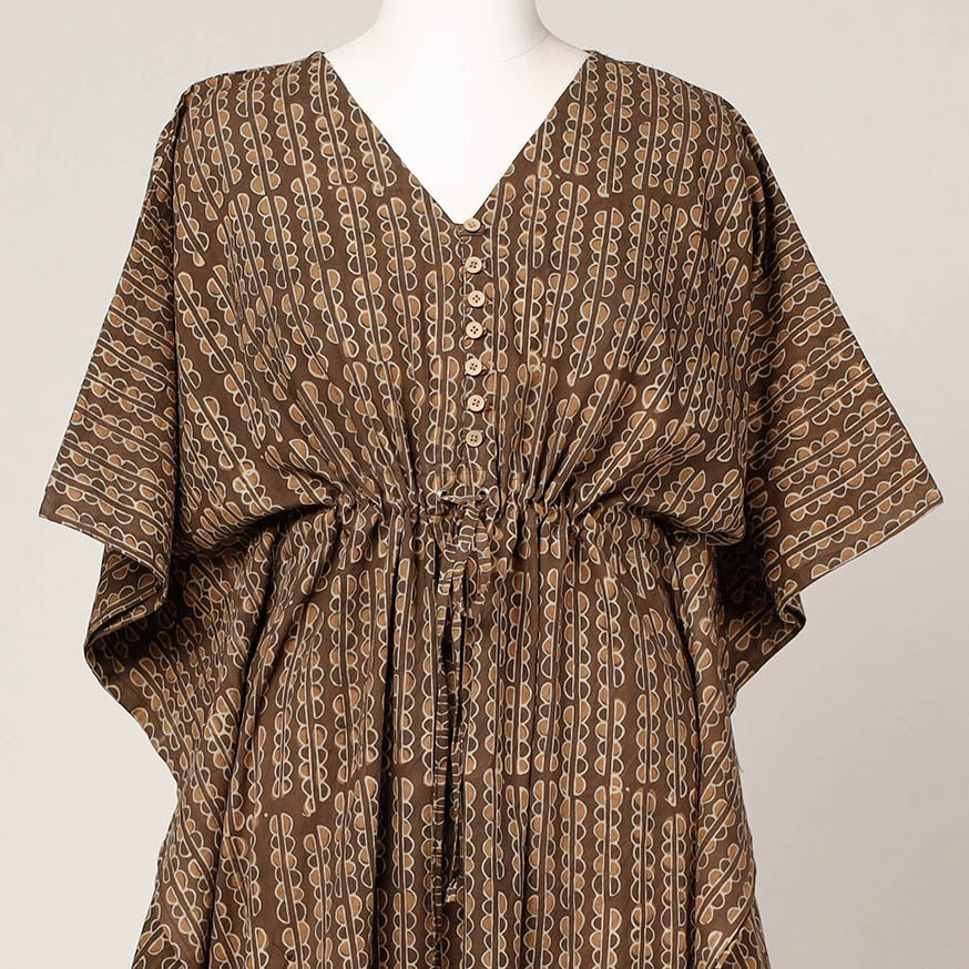 Brown - Akola Block Printed Cotton Kaftan with Tie-Up Waist (Long)