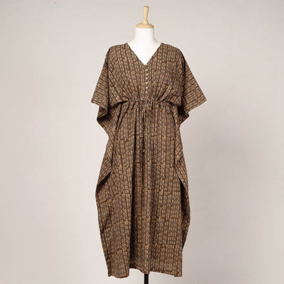 Brown - Akola Block Printed Cotton Kaftan with Tie-Up Waist (Long)