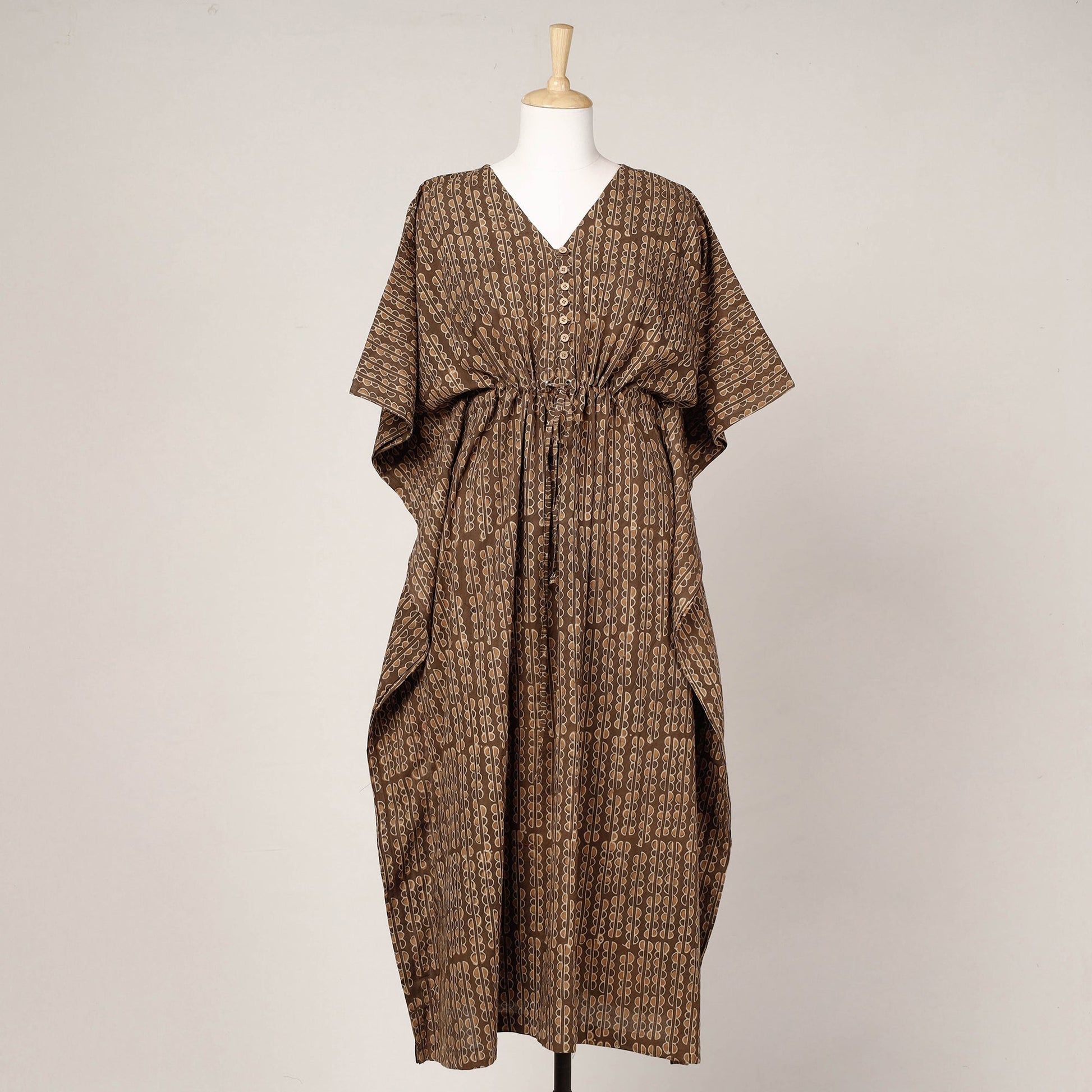 Brown - Akola Block Printed Cotton Kaftan with Tie-Up Waist (Long)