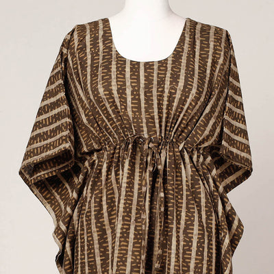 Brown - Akola Block Printed Cotton Kaftan with Tie-Up Waist (Long)