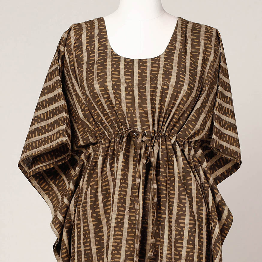 Brown - Akola Block Printed Cotton Kaftan with Tie-Up Waist (Long)