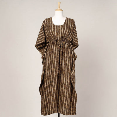 Brown - Akola Block Printed Cotton Kaftan with Tie-Up Waist (Long)
