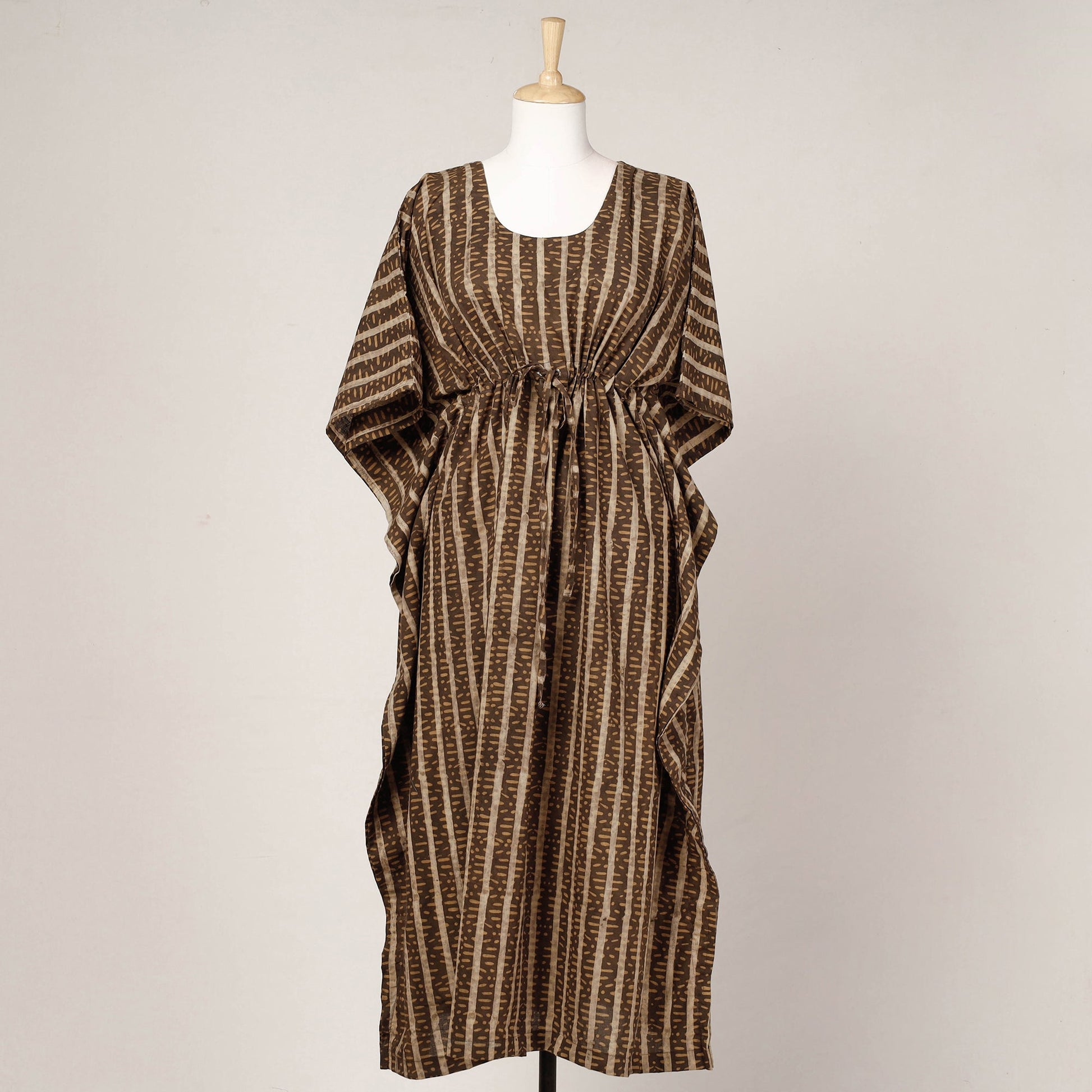 Brown - Akola Block Printed Cotton Kaftan with Tie-Up Waist (Long)