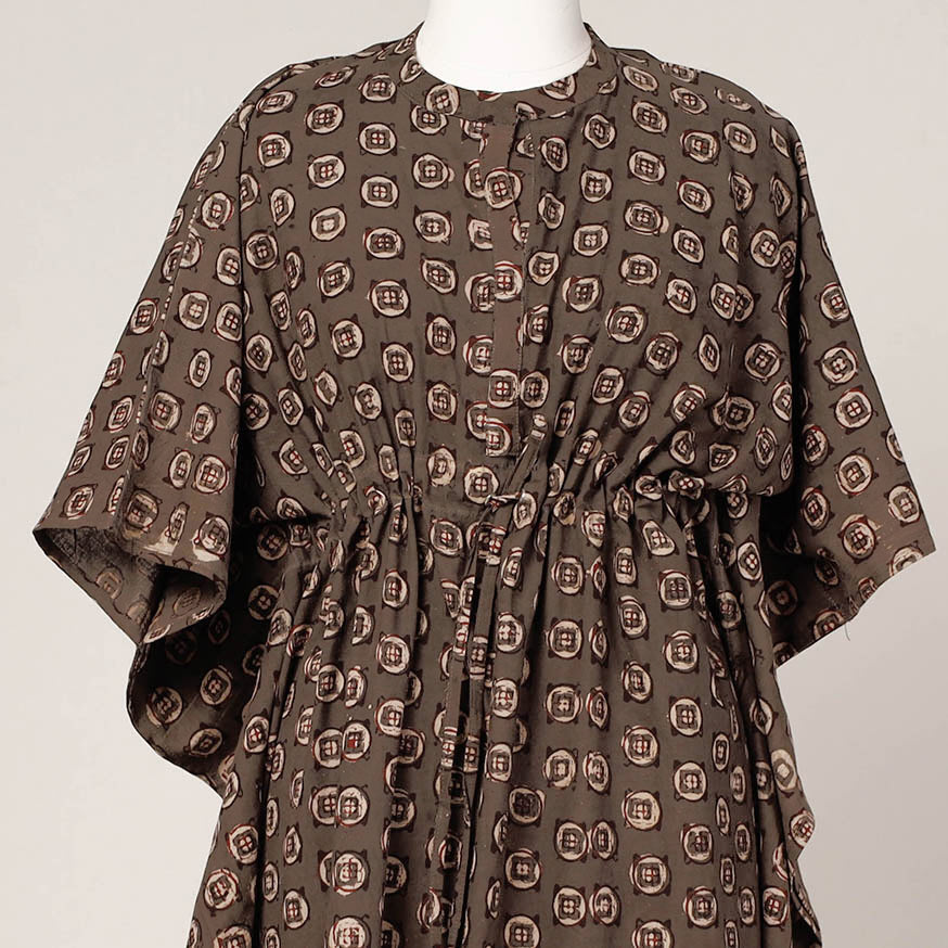 Brown - Pipad Block Printed Cotton Kaftan with Tie-Up Waist (Long)