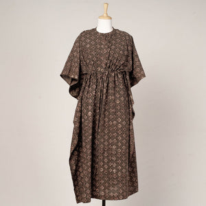 Brown - Pipad Block Printed Cotton Kaftan with Tie-Up Waist (Long)