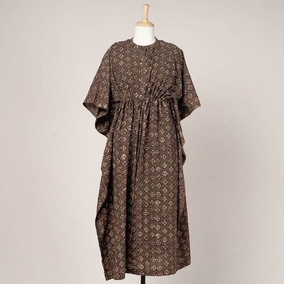 Brown - Pipad Block Printed Cotton Kaftan with Tie-Up Waist (Long)