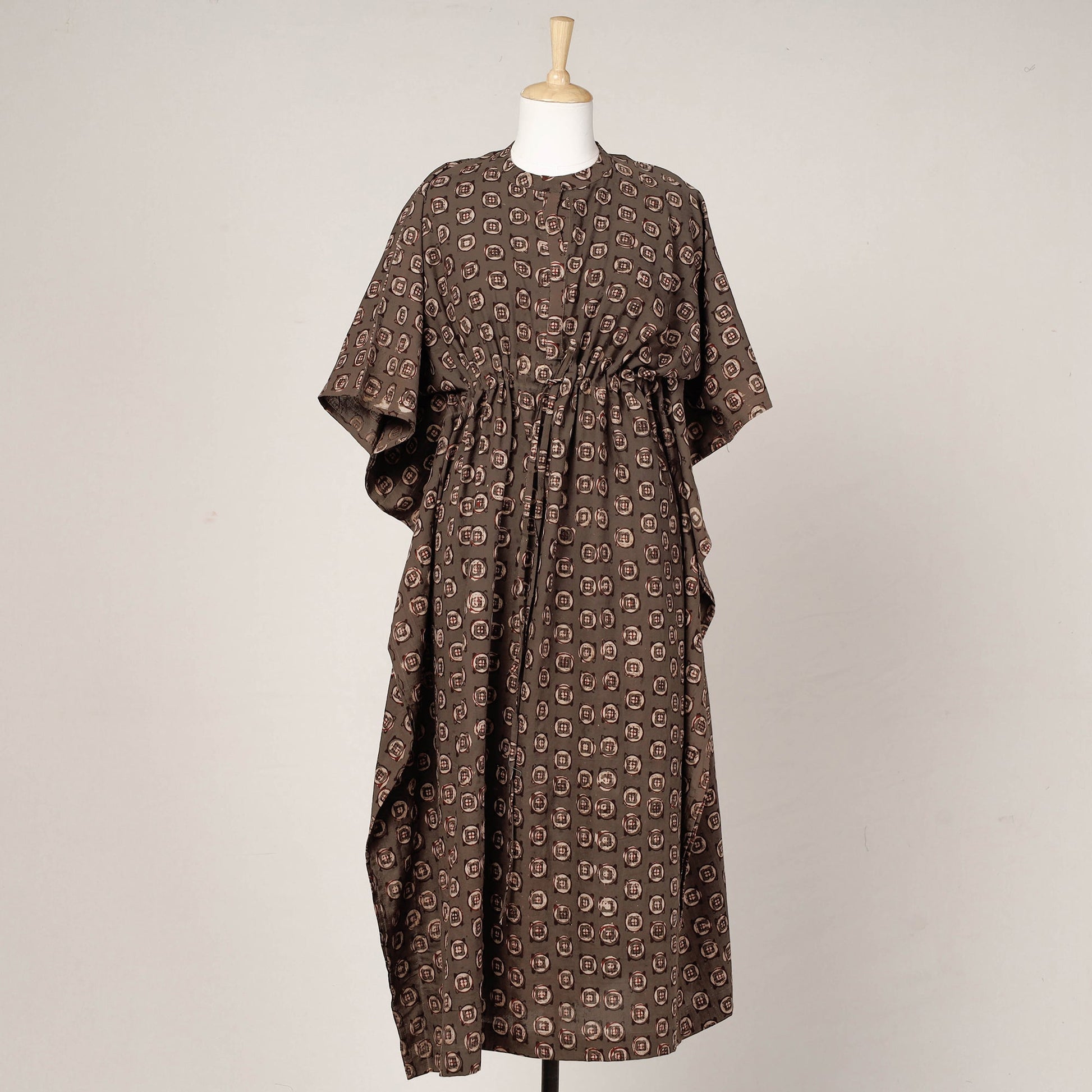 Brown - Pipad Block Printed Cotton Kaftan with Tie-Up Waist (Long)