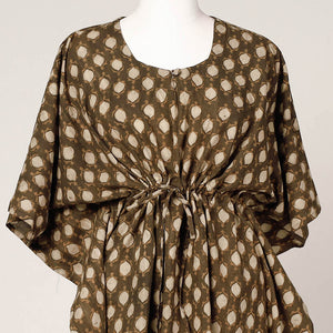 Brown - Akola Block Printed Cotton Kaftan with Tie-Up Waist (Medium)