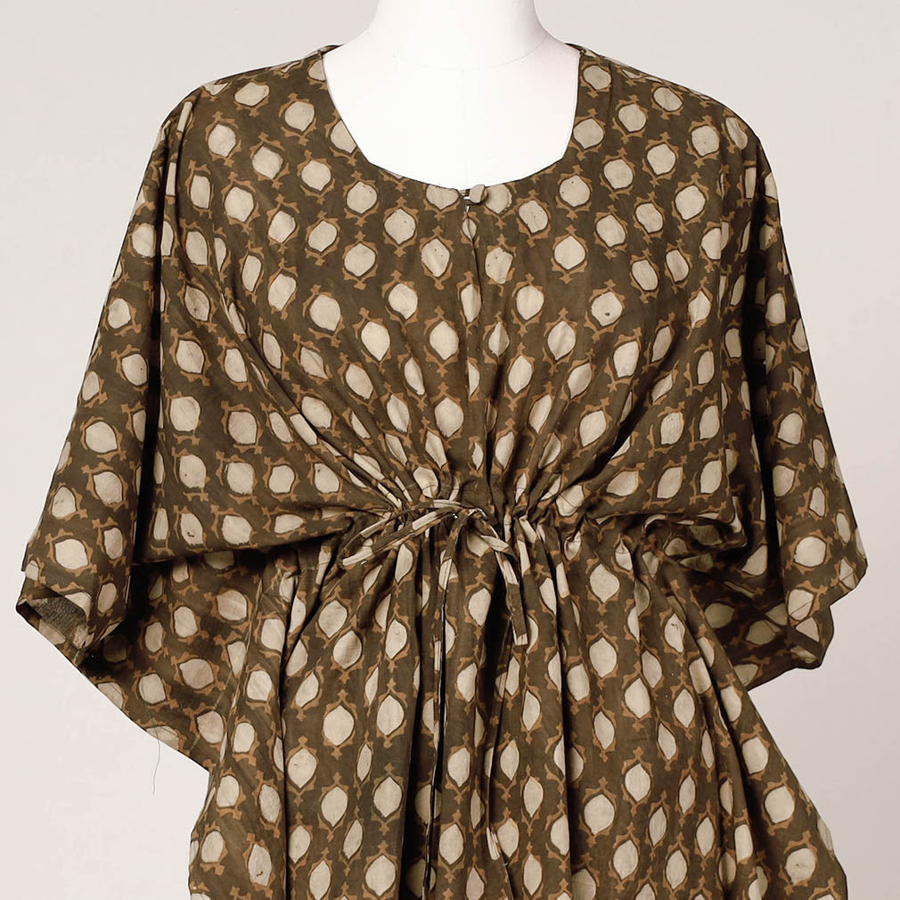 Brown - Akola Block Printed Cotton Kaftan with Tie-Up Waist (Medium)