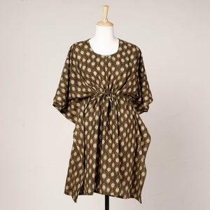 Brown - Akola Block Printed Cotton Kaftan with Tie-Up Waist (Medium)